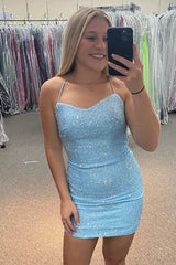 Misshow Sparkly Light Blue Sequin Lace-Up Back Short Homecoming Dress/Mini Dress