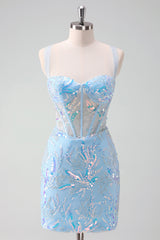 Misshow Sparkly Light Blue Sequins Corset Tight Short Homecoming Dress/Mini Dress