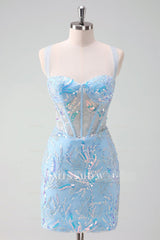 Misshow Sparkly Light Blue Sequins Corset Tight Short Homecoming Dress/Mini Dress