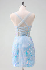 Misshow Sparkly Light Blue Sequins Corset Tight Short Homecoming Dress/Mini Dress