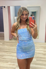 Misshow Sparkly Light Blue Strapless Tight Short Sequins Homecoming Dress/Mini Dress