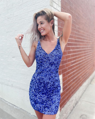 Misshow Sparkly Light Blue V-Neck Tight Sequins Short Homecoming Dress/Mini Dress