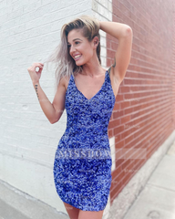 Misshow Sparkly Light Blue V-Neck Tight Sequins Short Homecoming Dress/Mini Dress
