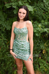 Misshow Sparkly Light Green Corset Spaghetti Straps Tight Short Homecoming Dress/Mini Dress