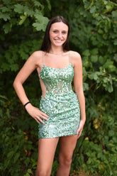 Misshow Sparkly Light Green Corset Spaghetti Straps Tight Short Homecoming Dress/Mini Dress