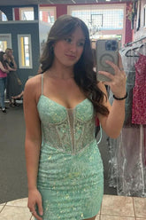 Misshow Sparkly Light Green Corset Tight Short Homecoming Dress/Mini Dress with Beadings