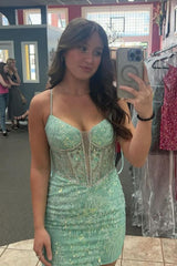 Misshow Sparkly Light Green Corset Tight Short Homecoming Dress/Mini Dress with Beadings
