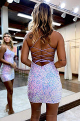 Misshow Sparkly Light Pink Spaghetti Straps Backless Sequins Tight Short Homecoming Dress/Mini Dress