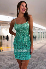 Misshow Sparkly Light Pink Spaghetti Straps Backless Sequins Tight Short Homecoming Dress/Mini Dress