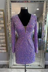 Misshow Sparkly Light Purple Sequins Tight Short Homecoming Dress/Mini Dress With Long Sleeves