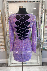 Misshow Sparkly Light Purple Sequins Tight Short Homecoming Dress/Mini Dress With Long Sleeves