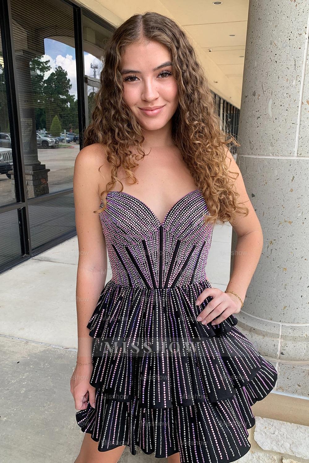 Misshow Sparkly Lilac A Line Corset Strapless Tiered Short Homecoming Dress/Mini Dress