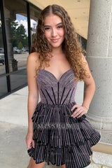 Misshow Sparkly Lilac A Line Corset Strapless Tiered Short Homecoming Dress/Mini Dress
