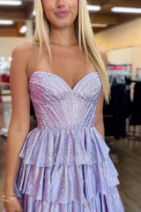 Misshow Sparkly Lilac A Line Corset Strapless Tiered Short Homecoming Dress/Mini Dress
