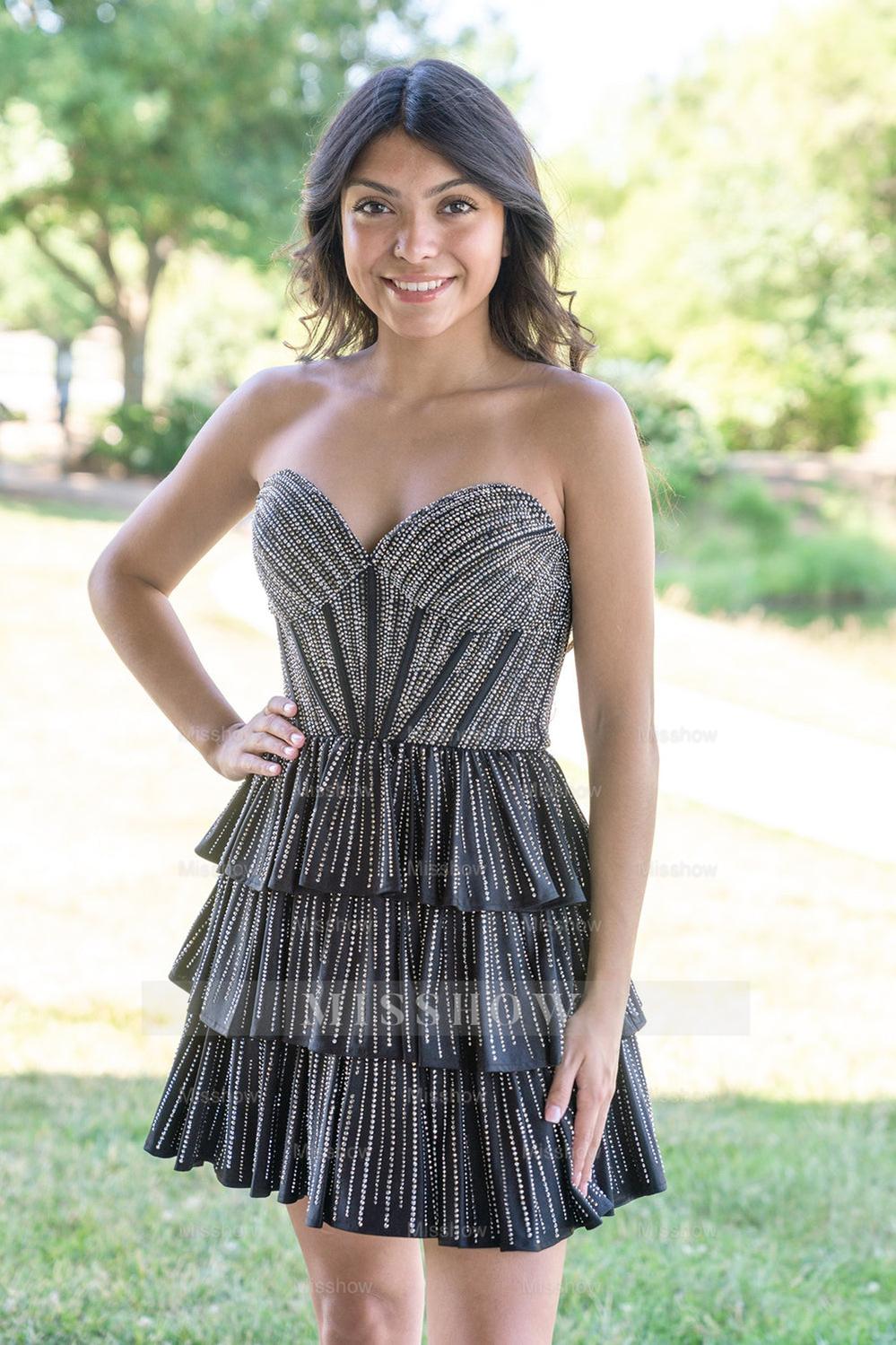 Misshow Sparkly Lilac A Line Corset Strapless Tiered Short Homecoming Dress/Mini Dress