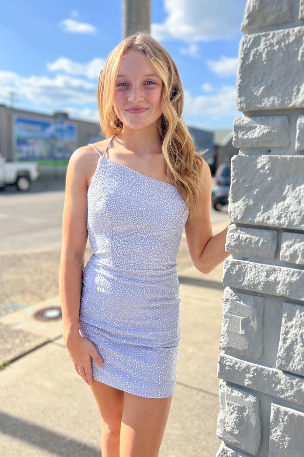 Misshow Sparkly Lilac Beaded One Shoulder Sequins Tight Homecoming Dress/Mini Dress