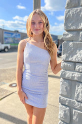 Misshow Sparkly Lilac Beaded One Shoulder Sequins Tight Homecoming Dress/Mini Dress