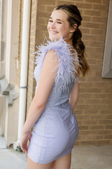 Misshow Sparkly Lilac Beaded One Shoulder Tight Short Homecoming Dress/Mini Dress with Feathers