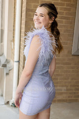 Misshow Sparkly Lilac Beaded One Shoulder Tight Short Homecoming Dress/Mini Dress with Feathers