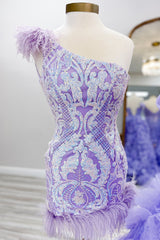Misshow Sparkly Lilac One Shoulder Tight Short Homecoming Dress/Mini Dress with Feather