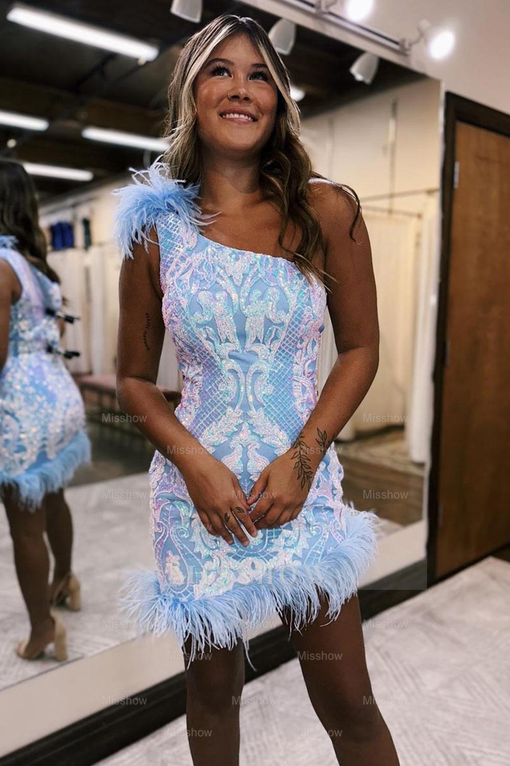 Misshow Sparkly Lilac One Shoulder Tight Short Homecoming Dress/Mini Dress with Feather