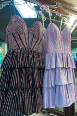 Misshow Sparkly Lilac Pink A Line Corset Strapless Tiered Short Homecoming Dress/Mini Dress