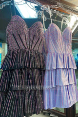 Misshow Sparkly Lilac Pink A Line Corset Strapless Tiered Short Homecoming Dress/Mini Dress