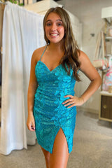 Misshow Sparkly Lilac Sequined Tight Short Homecoming Dress/Mini Dress with 3D Flowers