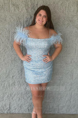 Misshow Sparkly Lilac Sequins Tight Short Homecoming Dress/Mini Dress with Feathers