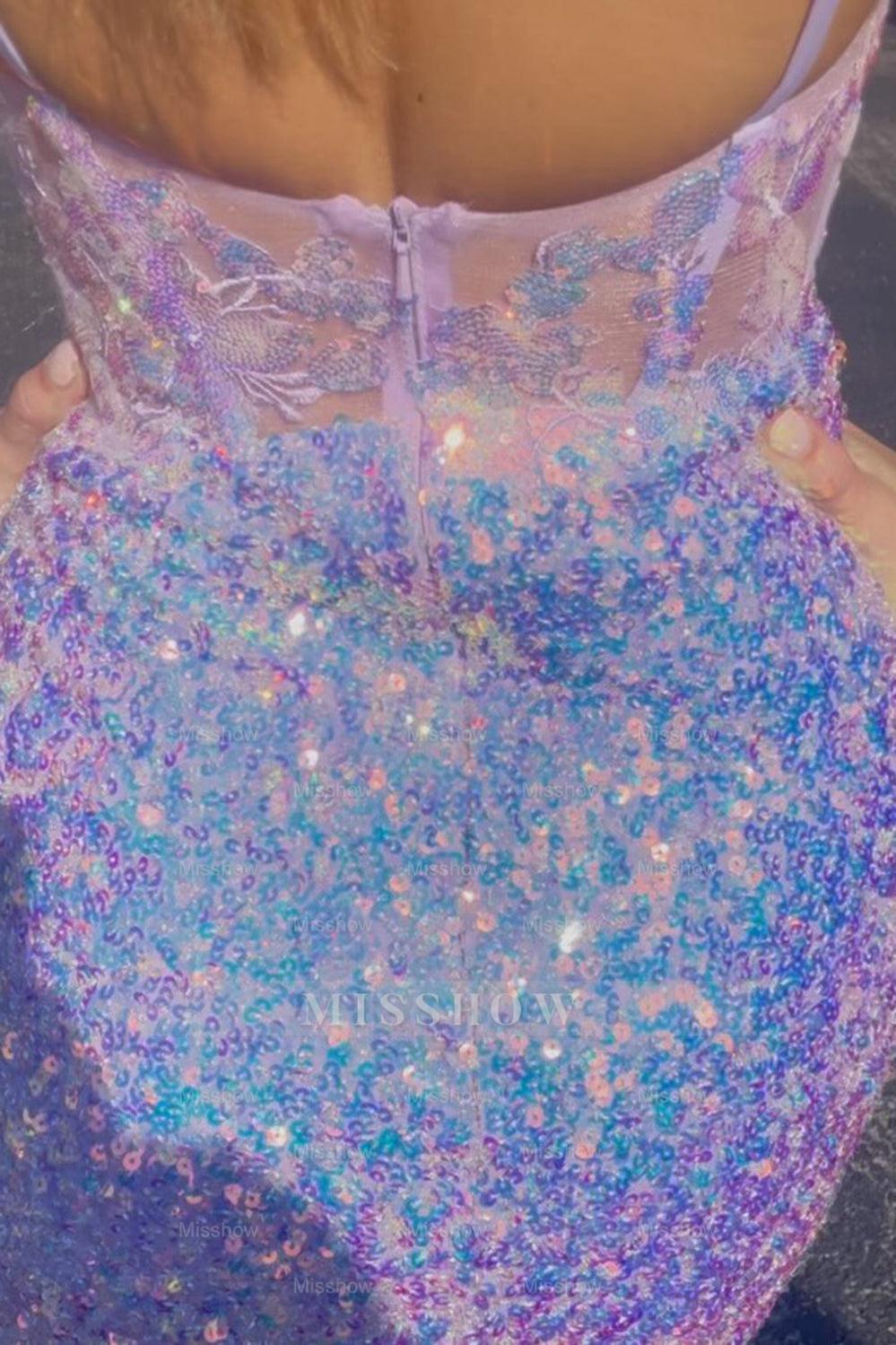 Misshow Sparkly Lilac Spaghetti Straps Corset Tight Short Homecoming Dress/Mini Dress