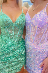 Misshow Sparkly Lilac Spaghetti Straps Corset Tight Short Homecoming Dress/Mini Dress