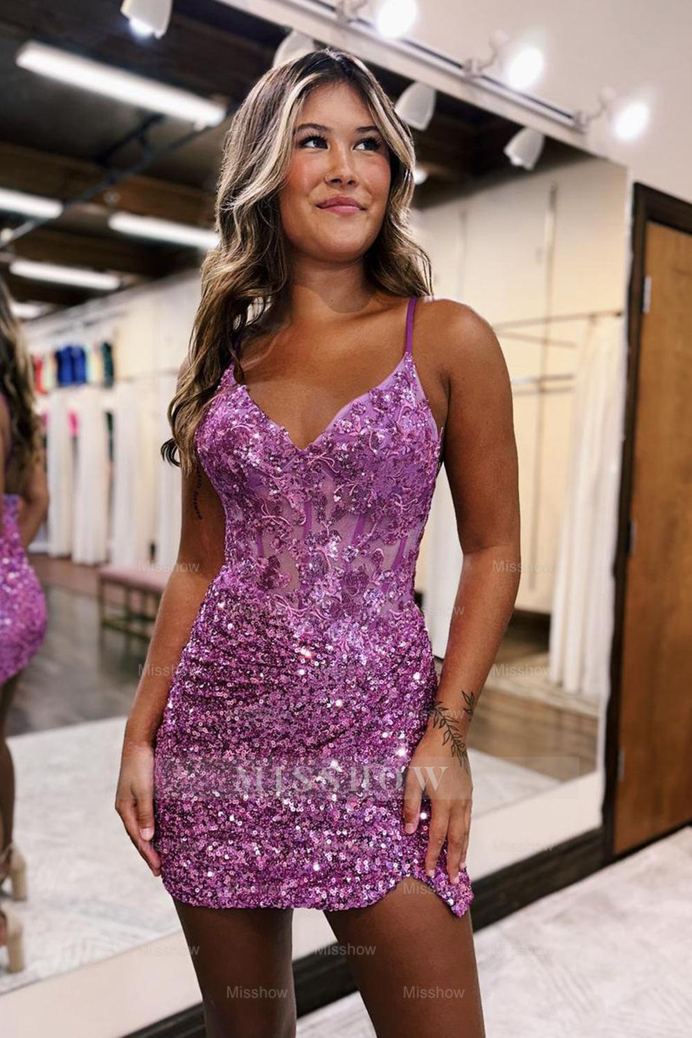 Misshow Sparkly Lilac Spaghetti Straps Corset Tight Short Homecoming Dress/Mini Dress