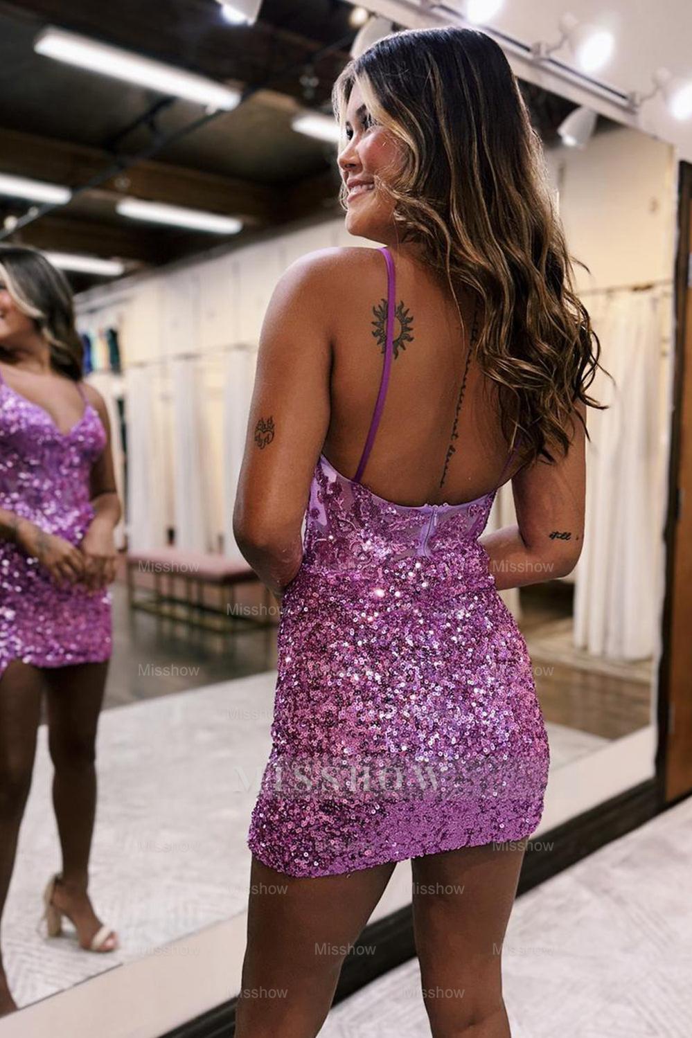 Misshow Sparkly Lilac Spaghetti Straps Corset Tight Short Homecoming Dress/Mini Dress