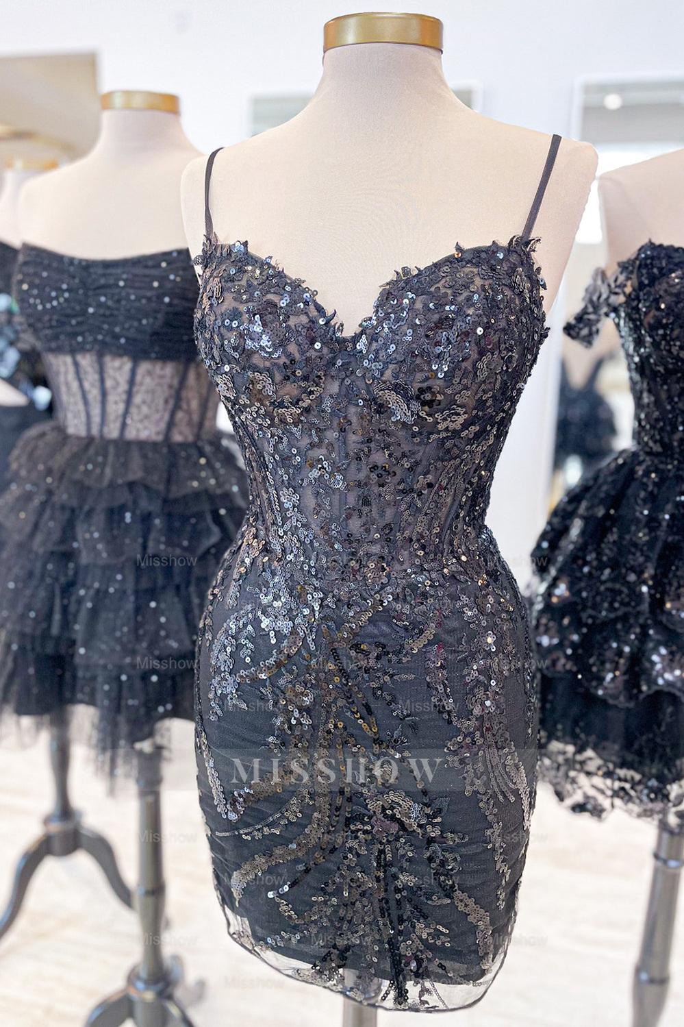 Misshow Sparkly Lilac Spaghetti Straps Corset Tight Short Homecoming Dress/Mini Dress with Appliques