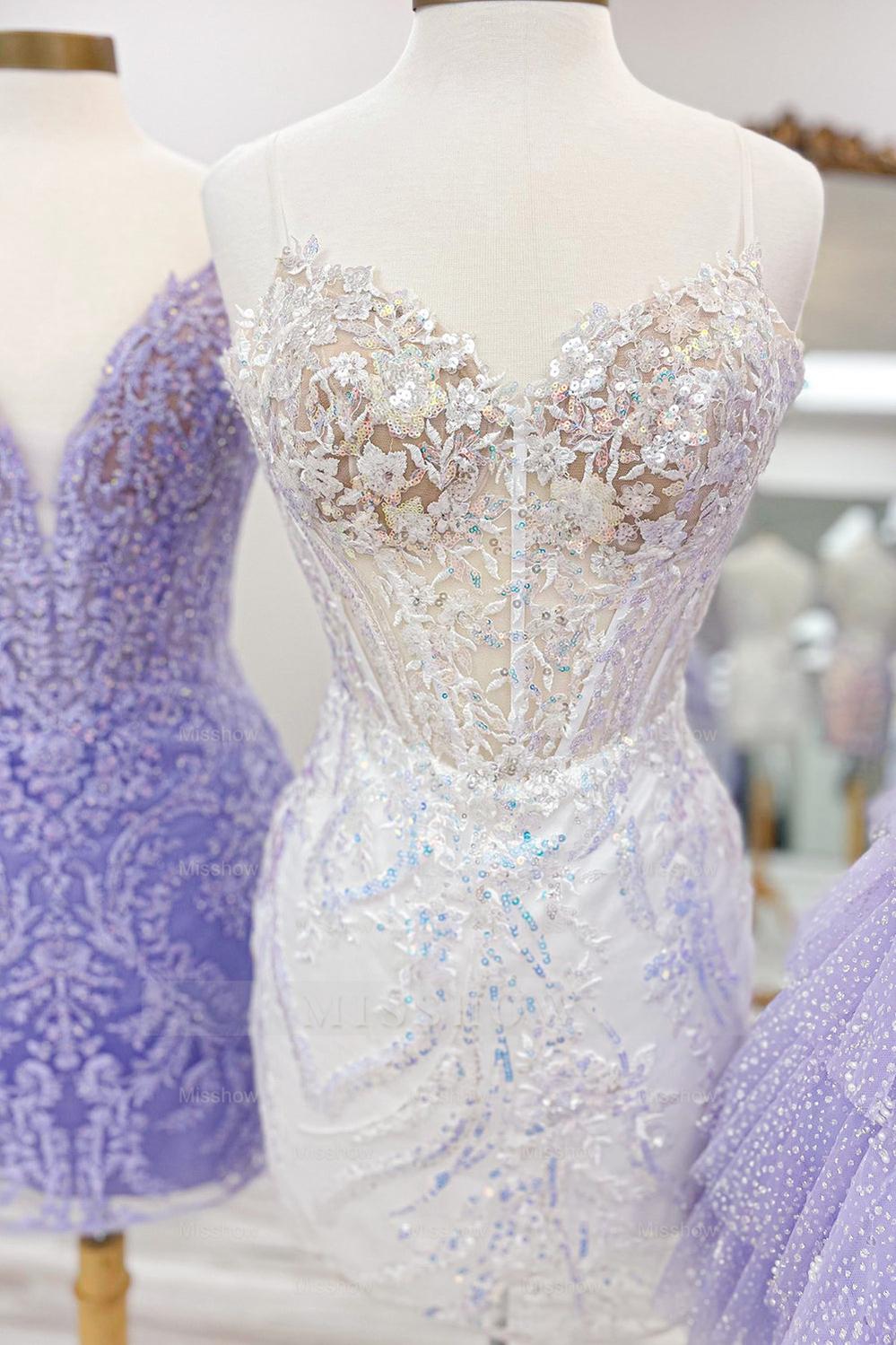 Misshow Sparkly Lilac Spaghetti Straps Corset Tight Short Homecoming Dress/Mini Dress with Appliques