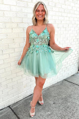 Misshow Sparkly Mint A Line Corset Short Homecoming Dress/Mini Dress With 3D Flowers