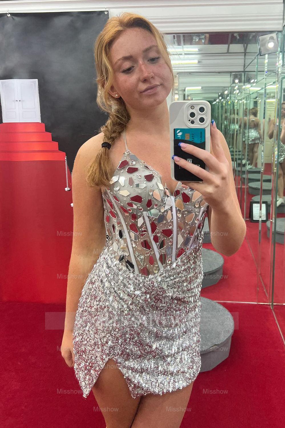 Misshow Sparkly Mirror Peacock Blue Corset Tight Short Hoco Dress