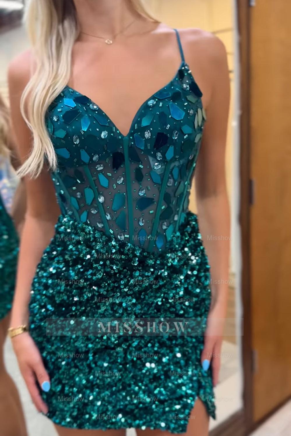 Misshow Sparkly Mirror Peacock Blue Corset Tight Short Hoco Dress