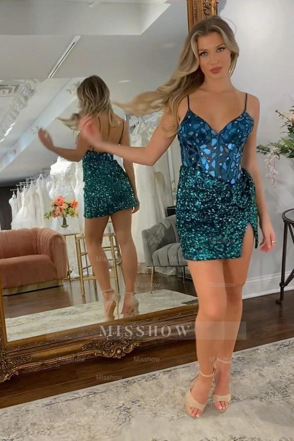 Misshow Sparkly Mirror Peacock Blue Corset Tight Short Hoco Dress