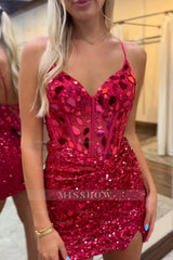 Misshow Sparkly Mirror Peacock Blue Corset Tight Short Hoco Dress