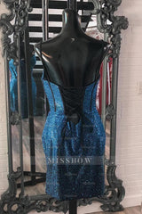 Misshow Sparkly Navy Beaded Corset Lace-Up Back Tight Short Homecoming Dress/Mini Dress