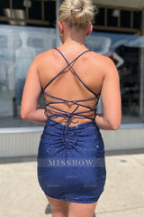 Misshow Sparkly Navy Beaded Spaghetti Straps Lace-Up Back Tight Short Homecoming Dress/Mini Dress