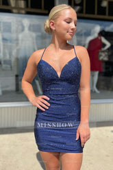 Misshow Sparkly Navy Beaded Spaghetti Straps Lace-Up Back Tight Short Homecoming Dress/Mini Dress