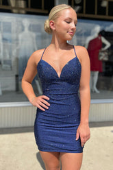 Misshow Sparkly Navy Beaded Spaghetti Straps Lace-Up Back Tight Short Homecoming Dress/Mini Dress
