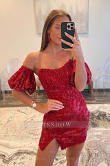 Misshow Sparkly Navy Corset Detachable Short Sleeves Tight Short Homecoming Dress/Mini Dress with Lace