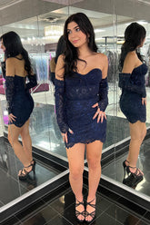 Misshow Sparkly Navy Corset Lace Tight Homecoming Dress/Mini Dress with Detachable Sleeves