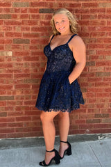 Misshow Sparkly Navy Corset Plus Size A Line Short Homecoming Dress/Mini Dress