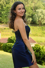 Misshow Sparkly Navy Corset Strapless Tight Short Homecoming Dress/Mini Dress with Appliques