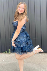 Misshow Sparkly Navy Corset Top Spaghetti Straps A-Line Lace Short Homecoming Dress/Mini Dress