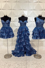 Misshow Sparkly Navy Corset Top Spaghetti Straps A-Line Lace Short Homecoming Dress/Mini Dress